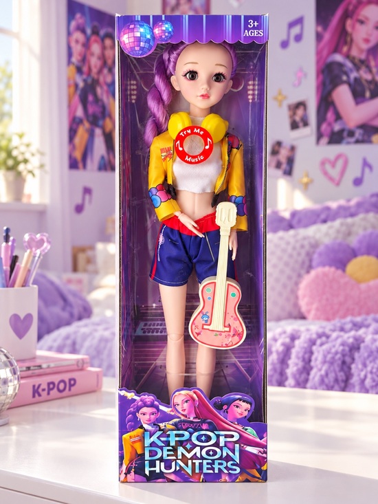 Kpop Other - Purple-Haired Music Doll with Pink Guitar - Yellow Jacket